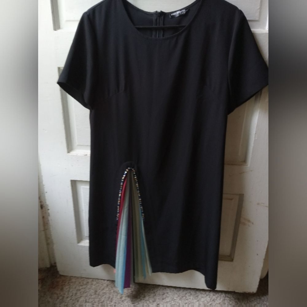 Short sleeve black dress with a shock of pleated multicolor twist & rhinestone